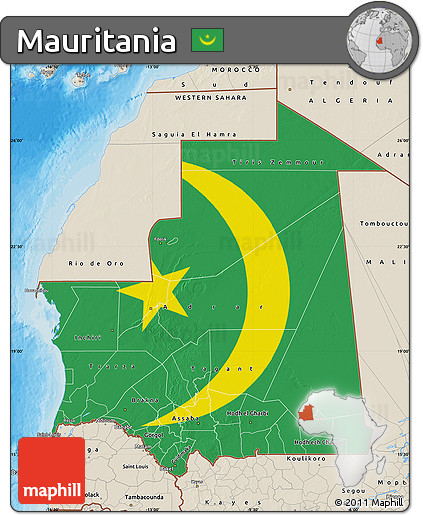 Flag Map of Mauritania, shaded relief outside, bathymetry sea, flag aligned to the middle