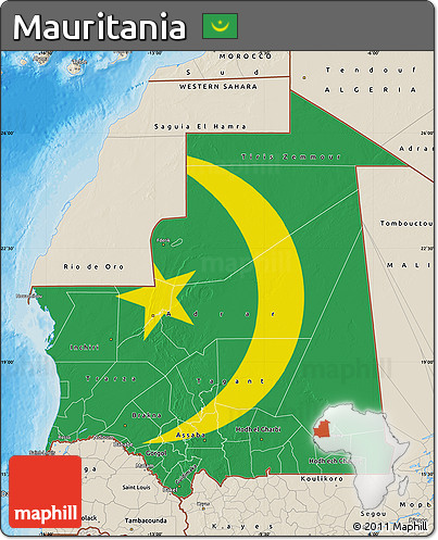 Flag Map of Mauritania, shaded relief outside, bathymetry sea, flag aligned to the middle