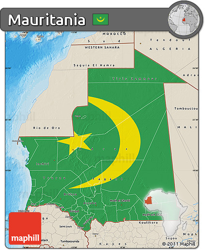 Flag Map of Mauritania, shaded relief outside, bathymetry sea, flag rotated