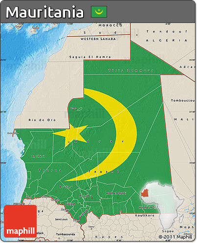 Flag Map of Mauritania, shaded relief outside, bathymetry sea, flag rotated