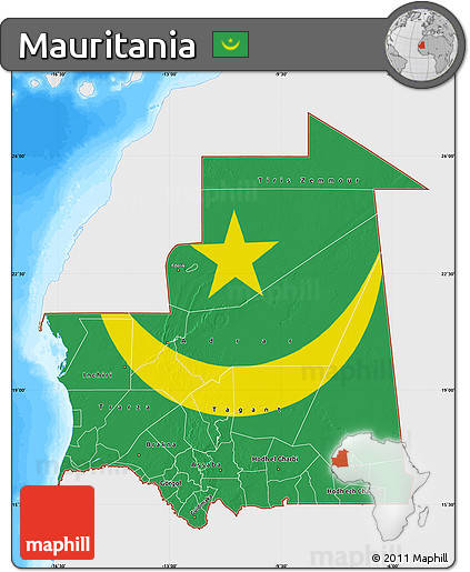 Flag Map of Mauritania, single color outside, bathymetry sea, flag centered