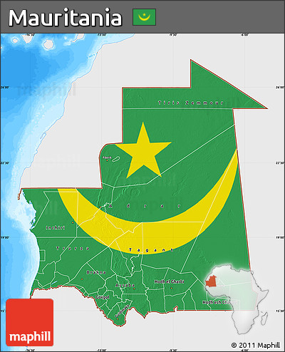Flag Map of Mauritania, single color outside, bathymetry sea, flag centered