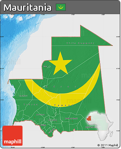 Flag Map of Mauritania, single color outside, bathymetry sea, shaded relief sea, flag centered