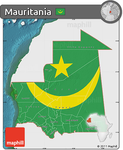 Flag Map of Mauritania, single color outside, satellite sea, flag centered