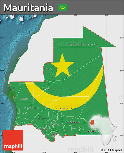 Flag Map of Mauritania, single color outside, satellite sea, flag centered
