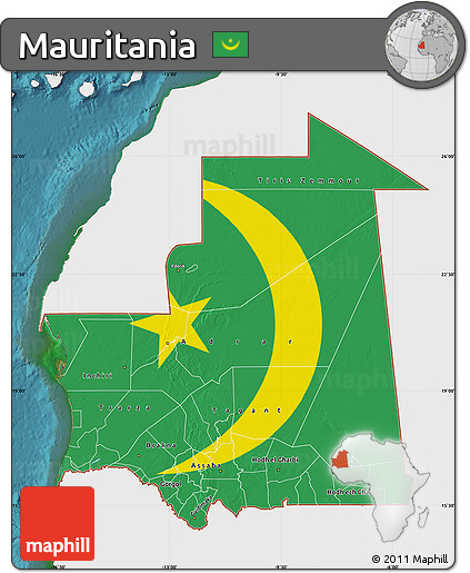 Flag Map of Mauritania, single color outside, satellite sea, flag aligned to the middle