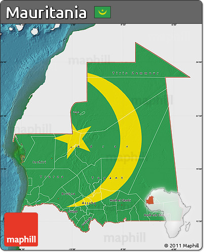 Flag Map of Mauritania, single color outside, satellite sea, flag aligned to the middle