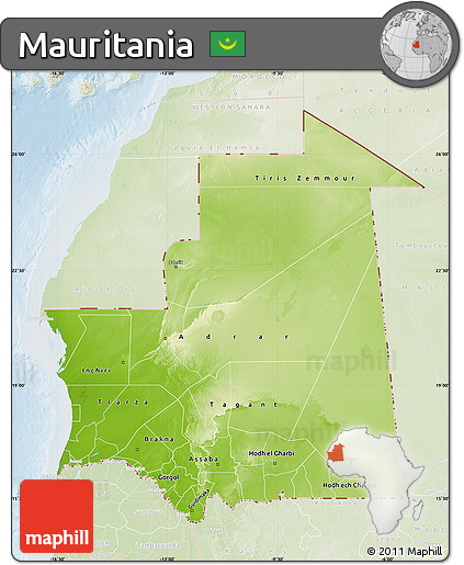 Physical Map of Mauritania, lighten