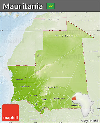 Physical Map of Mauritania, lighten