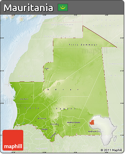Physical Map of Mauritania, lighten