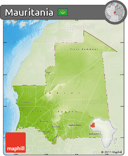 Physical Map of Mauritania, lighten, land only