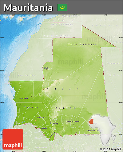Physical Map of Mauritania, lighten, land only