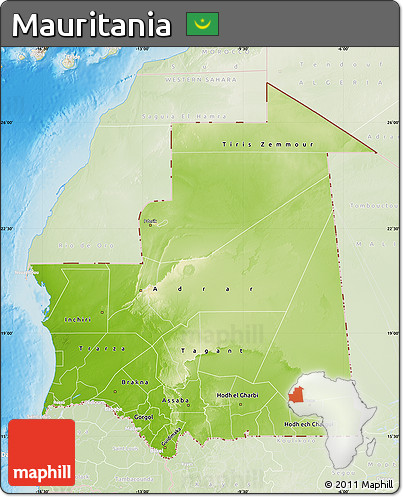 Physical Map of Mauritania, lighten, land only