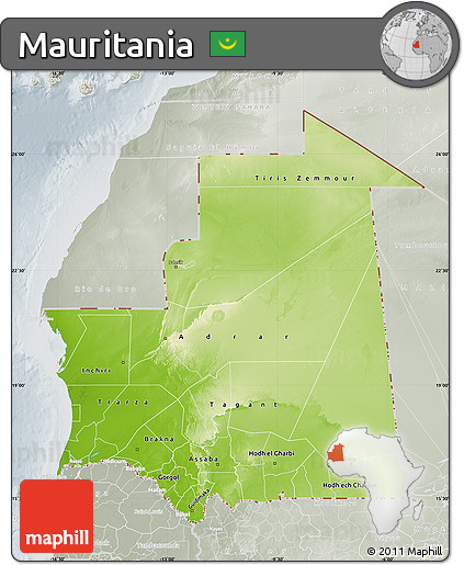 Physical Map of Mauritania, lighten, semi-desaturated