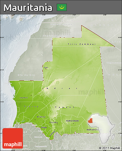 Physical Map of Mauritania, lighten, semi-desaturated