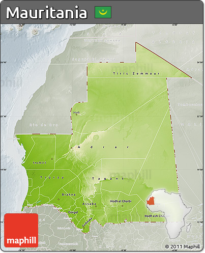 Physical Map of Mauritania, lighten, semi-desaturated