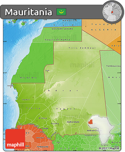 Physical Map of Mauritania, political shades outside, shaded relief sea