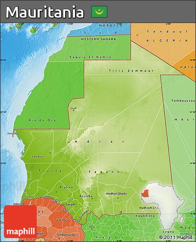Physical Map of Mauritania, political shades outside, shaded relief sea