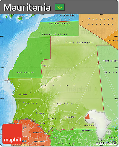 Physical Map of Mauritania, political shades outside, shaded relief sea