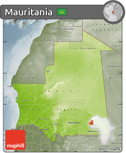 Physical Map of Mauritania, semi-desaturated