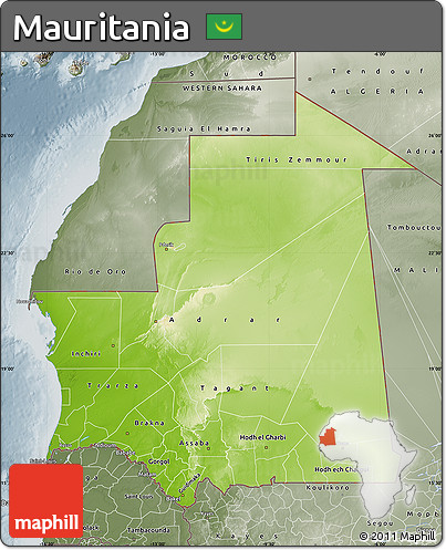 Physical Map of Mauritania, semi-desaturated
