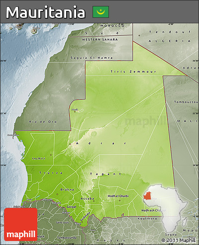 Physical Map of Mauritania, semi-desaturated