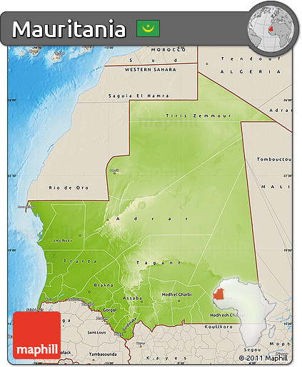 Physical Map of Mauritania, shaded relief outside