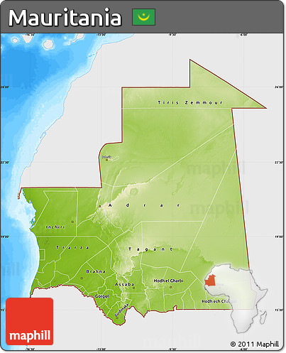 Physical Map of Mauritania, single color outside, bathymetry sea