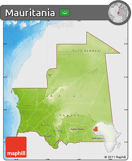Physical Map of Mauritania, single color outside