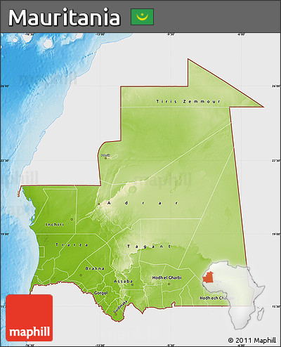 Physical Map of Mauritania, single color outside