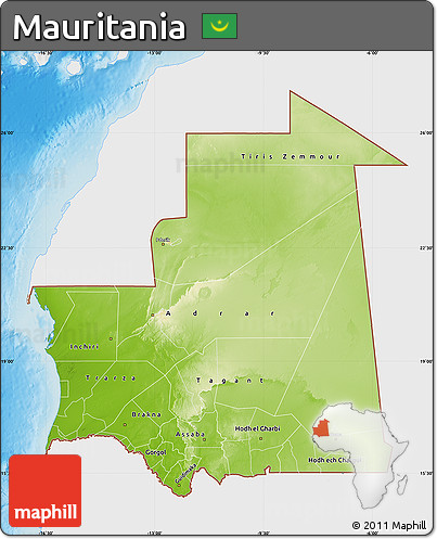 Physical Map of Mauritania, single color outside