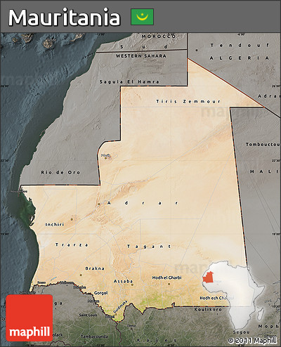 Satellite Map of Mauritania, darken, semi-desaturated