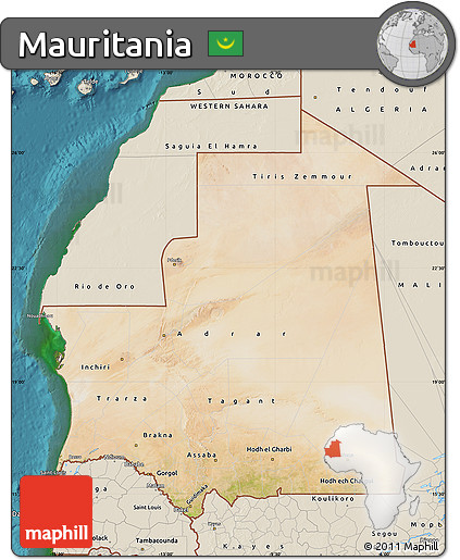 Satellite Map of Mauritania, shaded relief outside, satellite sea