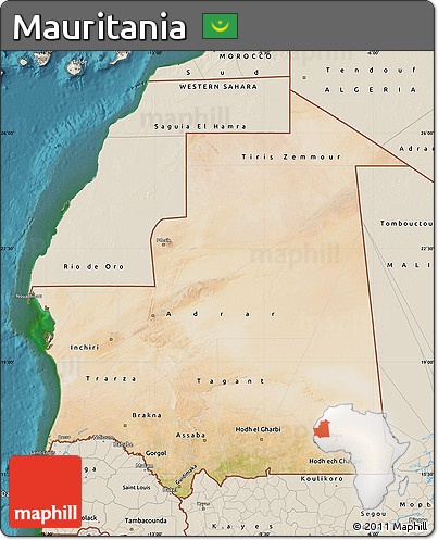 Satellite Map of Mauritania, shaded relief outside, satellite sea