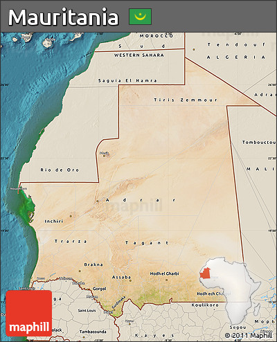 Satellite Map of Mauritania, shaded relief outside, satellite sea
