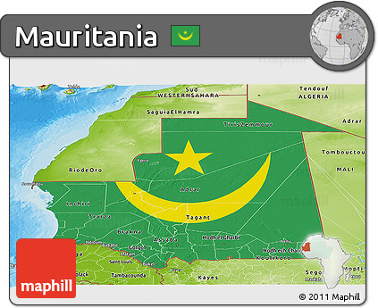 Flag Panoramic Map of Mauritania, physical outside, bathymetry sea