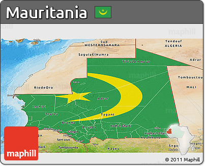 Flag Panoramic Map of Mauritania, satellite outside, bathymetry sea, flag rotated