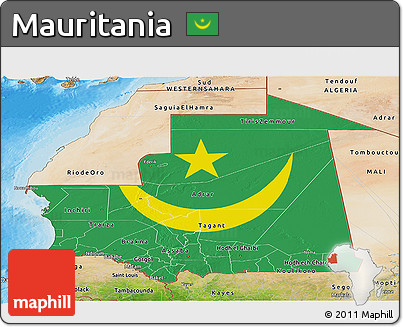 Flag Panoramic Map of Mauritania, satellite outside, bathymetry sea