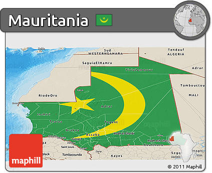 Flag Panoramic Map of Mauritania, shaded relief outside, bathymetry sea, flag aligned to the middle