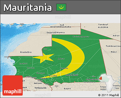 Flag Panoramic Map of Mauritania, shaded relief outside, bathymetry sea, flag aligned to the middle
