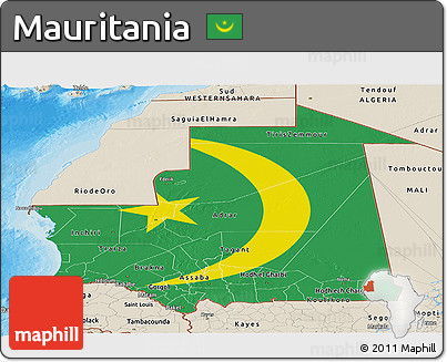 Flag Panoramic Map of Mauritania, shaded relief outside, bathymetry sea, flag aligned to the middle
