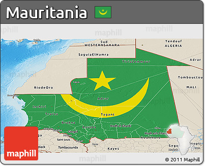 Flag Panoramic Map of Mauritania, shaded relief outside