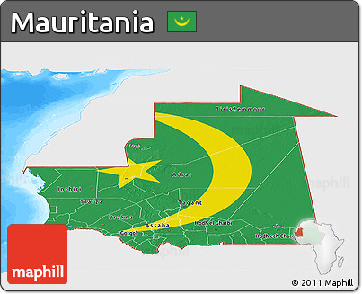 Flag Panoramic Map of Mauritania, single color outside, bathymetry sea, flag aligned to the middle