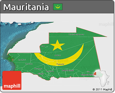 Flag Panoramic Map of Mauritania, single color outside, satellite sea