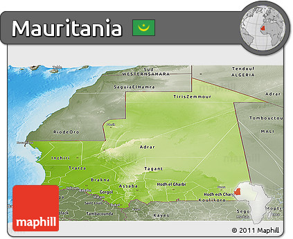 Physical Panoramic Map of Mauritania, semi-desaturated, land only