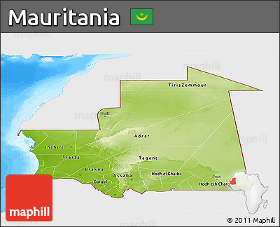 Physical Panoramic Map of Mauritania, single color outside, bathymetry sea
