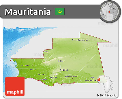 Physical Panoramic Map of Mauritania, single color outside, bathymetry sea, shaded relief sea