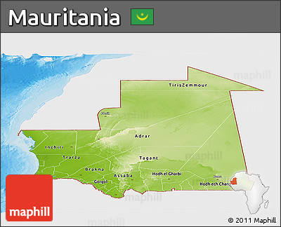 Physical Panoramic Map of Mauritania, single color outside, bathymetry sea, shaded relief sea