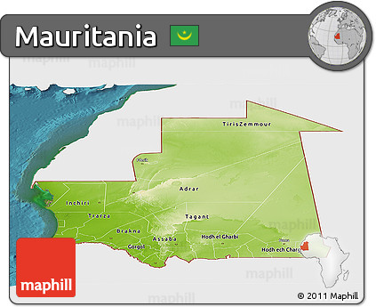 Physical Panoramic Map of Mauritania, single color outside, satellite sea