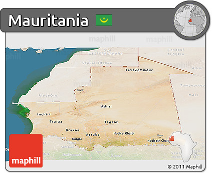 Satellite Panoramic Map of Mauritania, lighten, land only
